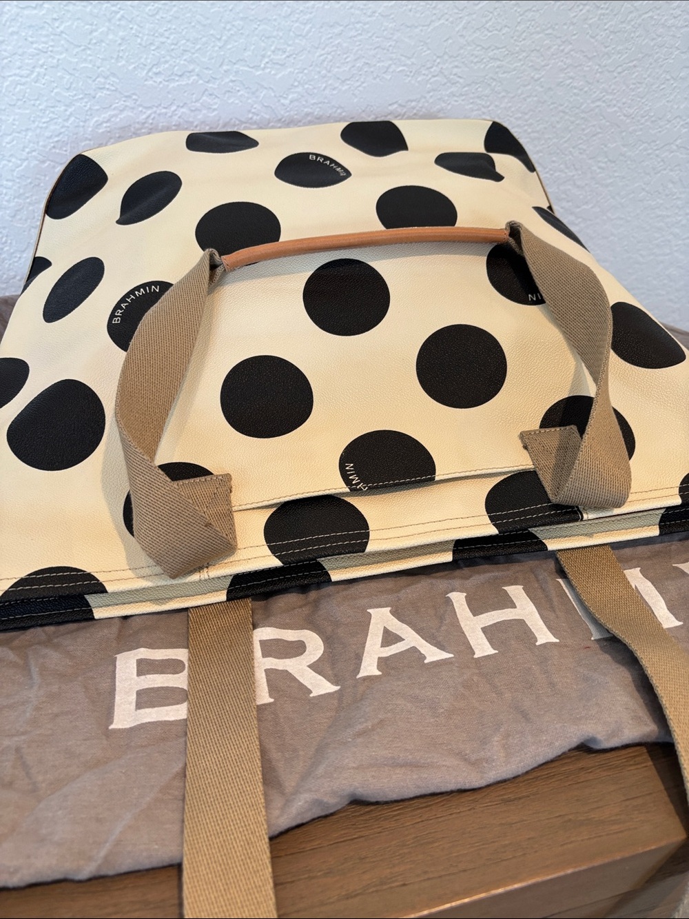 Brahmin Cream and Black Polka Dot Large Tote with Tan Straps - Picture 6 of 10